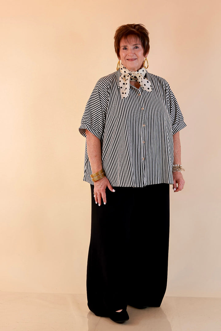 Perfectly Aligned Button Down Collared Top with Vertical Ivory Stripe Detail in Black