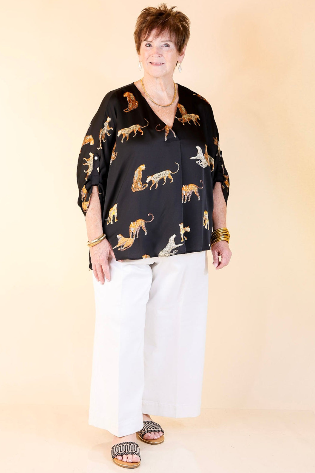 Staying Wild V-Neck Leopard Print 3/4 Sleeve Blouse in Black
