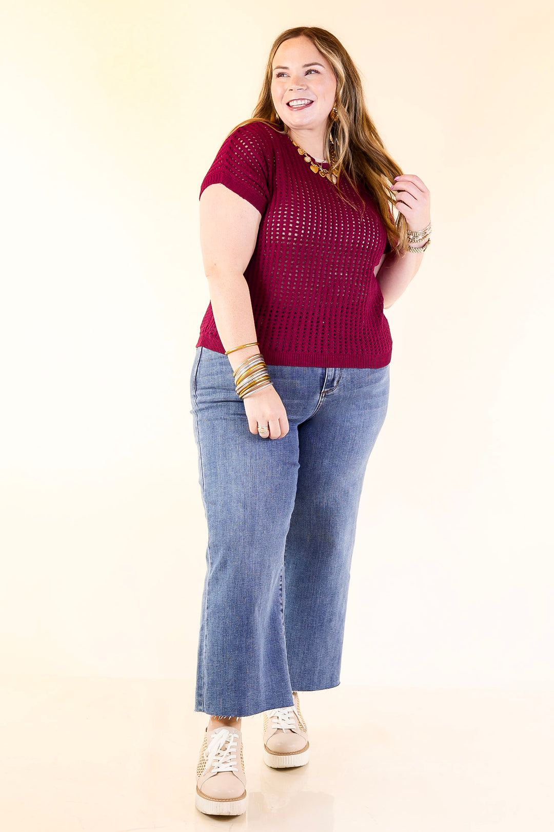 Breezy Intentions Open Knit Short Sleeve Sweater in Maroon