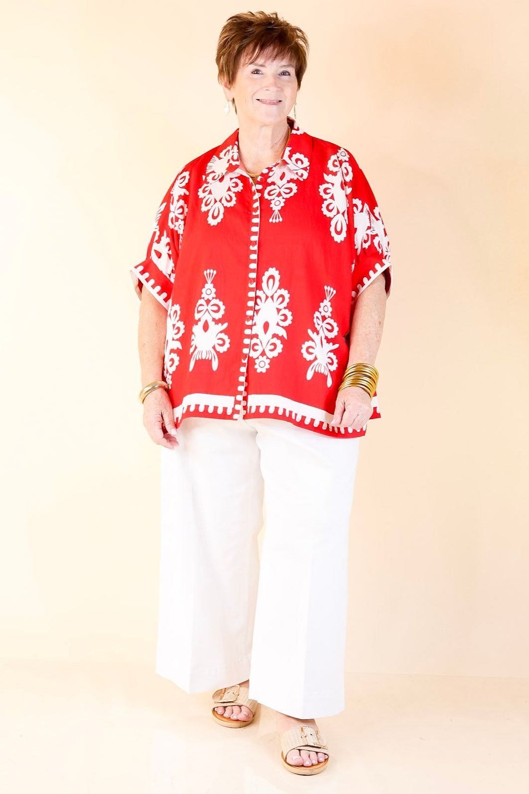 Classic Perfection Damask Print Button Up Collared Blouse in Red