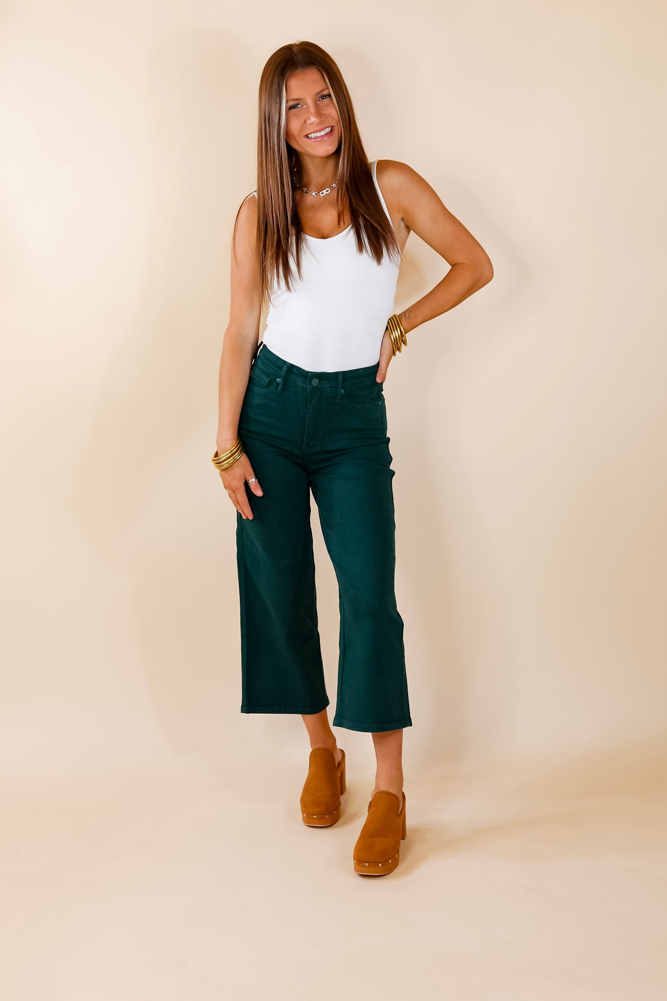 Judy Blue | Remarkable Flair Tummy Control Garment Dyed Cropped Jeans in Dark Green - Giddy Up Glamour Boutique