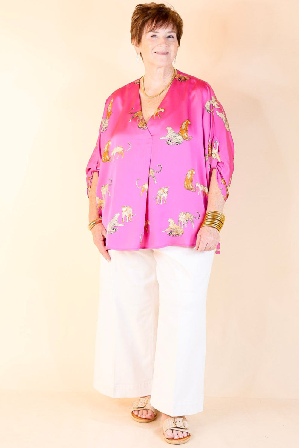 Staying Wild V-Neck Leopard Print 3/4 Sleeve Blouse in Hot Pink