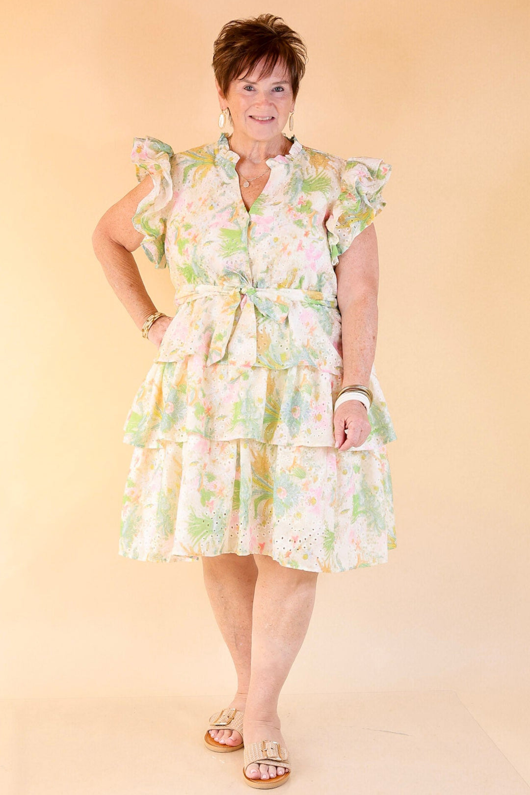 Blooming in Bows Floral Dress with Bow Cinched Waist in Green Multi Color