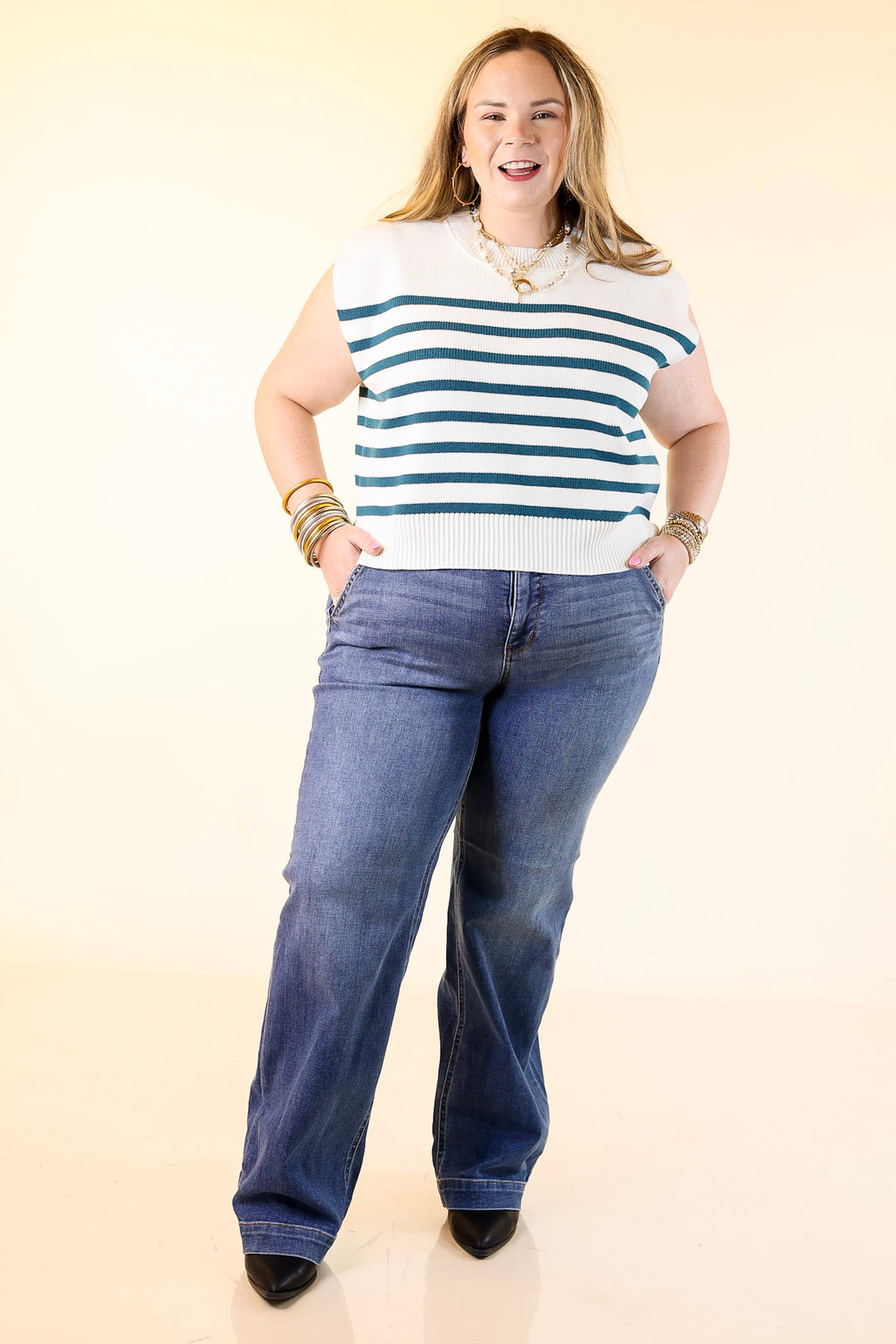 Stripe Things Up Drop Shoulder Knit Sweater in White with Teal Blue Stripes