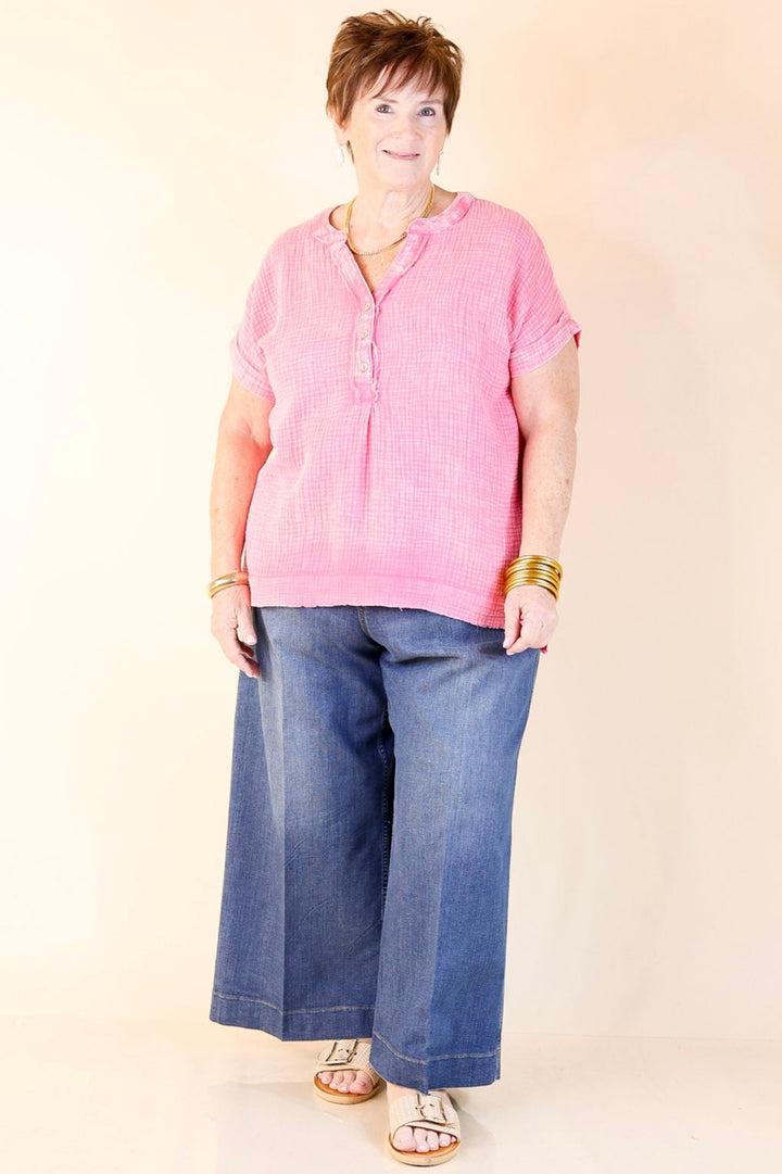 Simple Statement Quarter Button Up Short Drop Sleeve Shirt in Pink