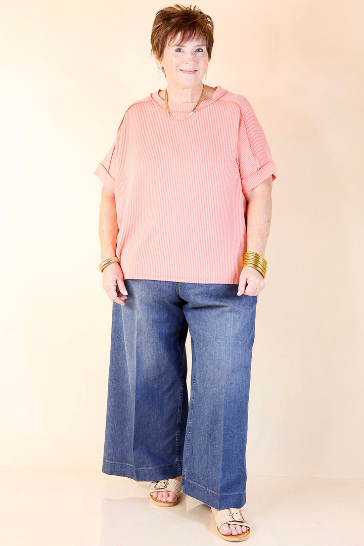 Daily Perfection Scoop Neck Short Sleeve Ribbed Top in Salmon Orange