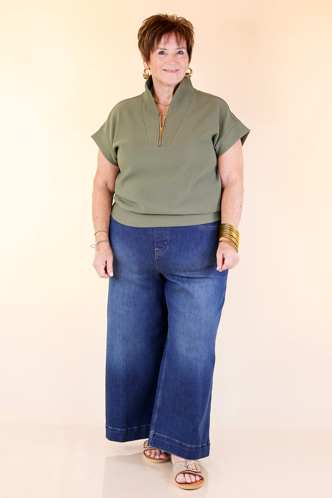 Top Priority Half Zip Collared Ribbed Top in Olive Green