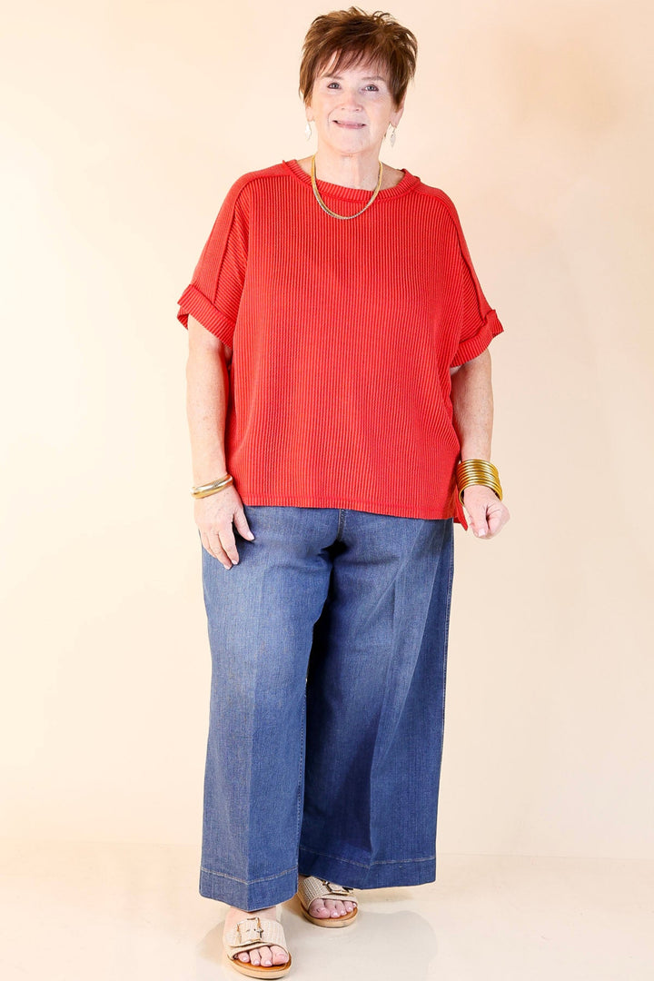 Daily Perfection Scoop Neck Short Sleeve Ribbed Top in Red