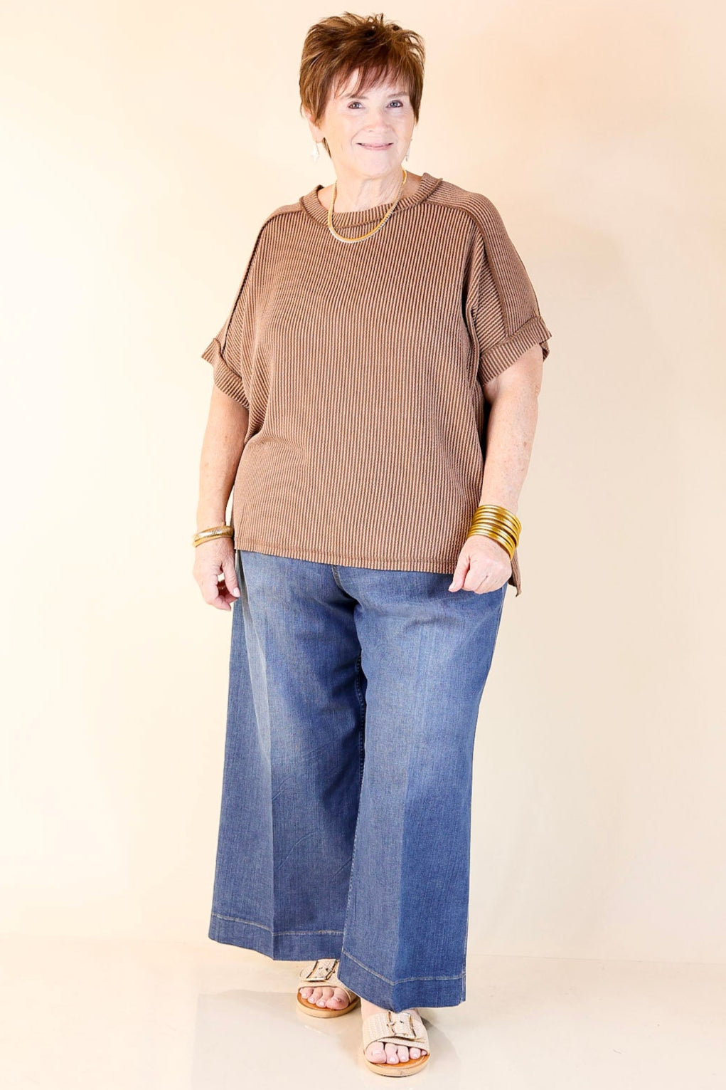 Daily Perfection Scoop Neck Short Sleeve Ribbed Top in Brown