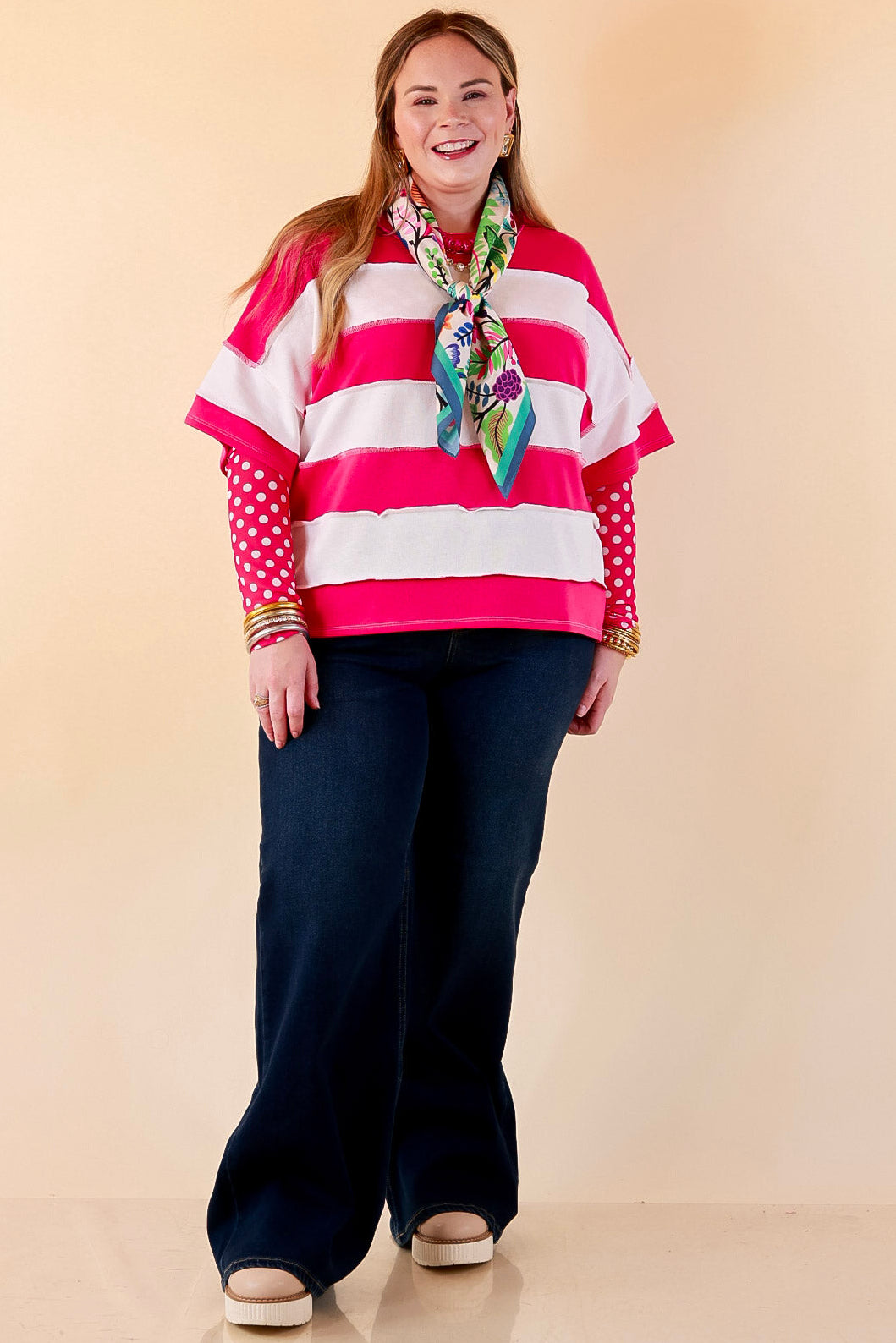 Simply Styled Color Block Rugby Style Relaxed Short Sleeve Top in Hot Pink