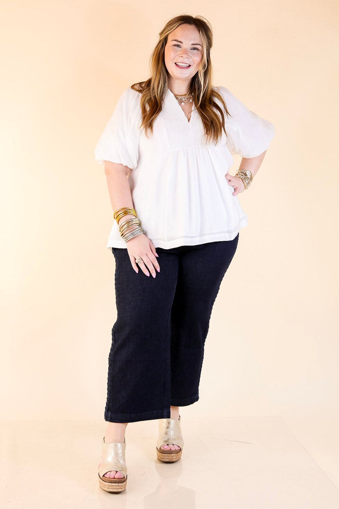 Crush on Classic Flowy Blouse with Smocked Yoke in White