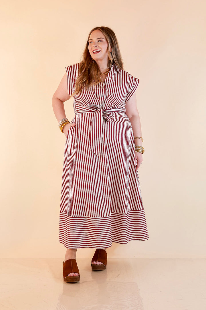 In Good Standing Striped Tie Waist Button Down Midi Dress in Maroon and Ivory