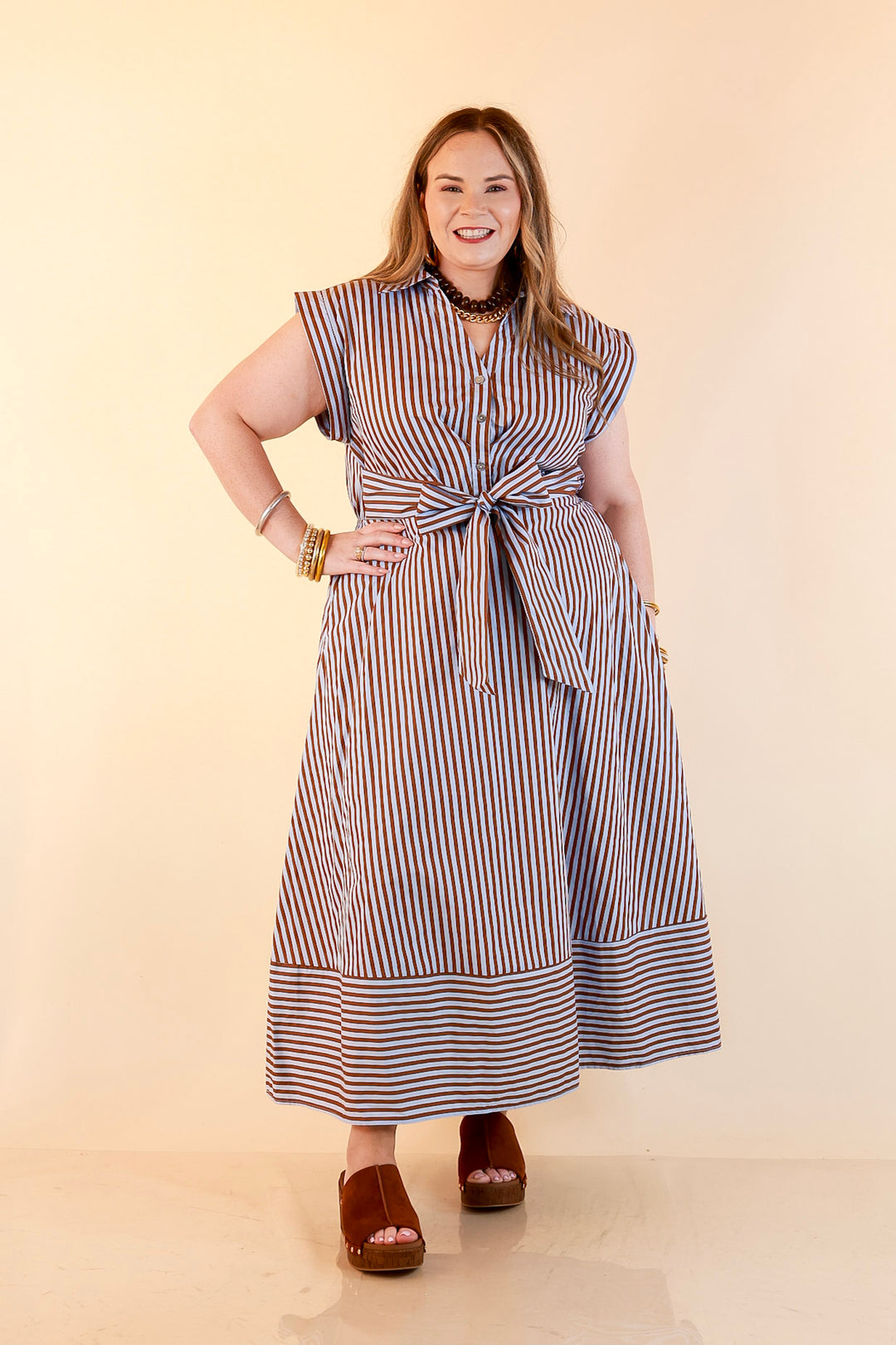 In Good Standing Striped Tie Waist Button Down Midi Dress in Blue and Brown