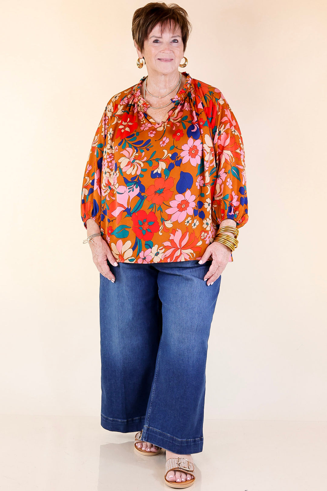 Falling For Floral 3/4 Sleeve Top with Notched Neck in Camel Brown