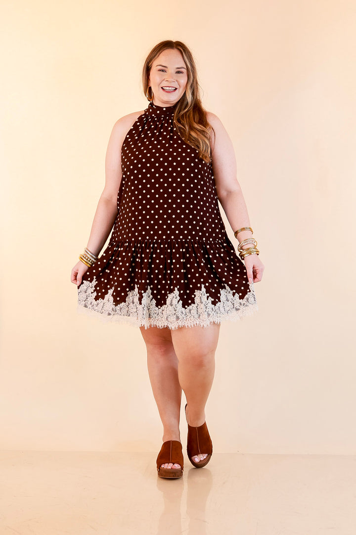 Something to Love Polka Dot Lace Trim Halter Dress in Chocolate Brown and Ivory