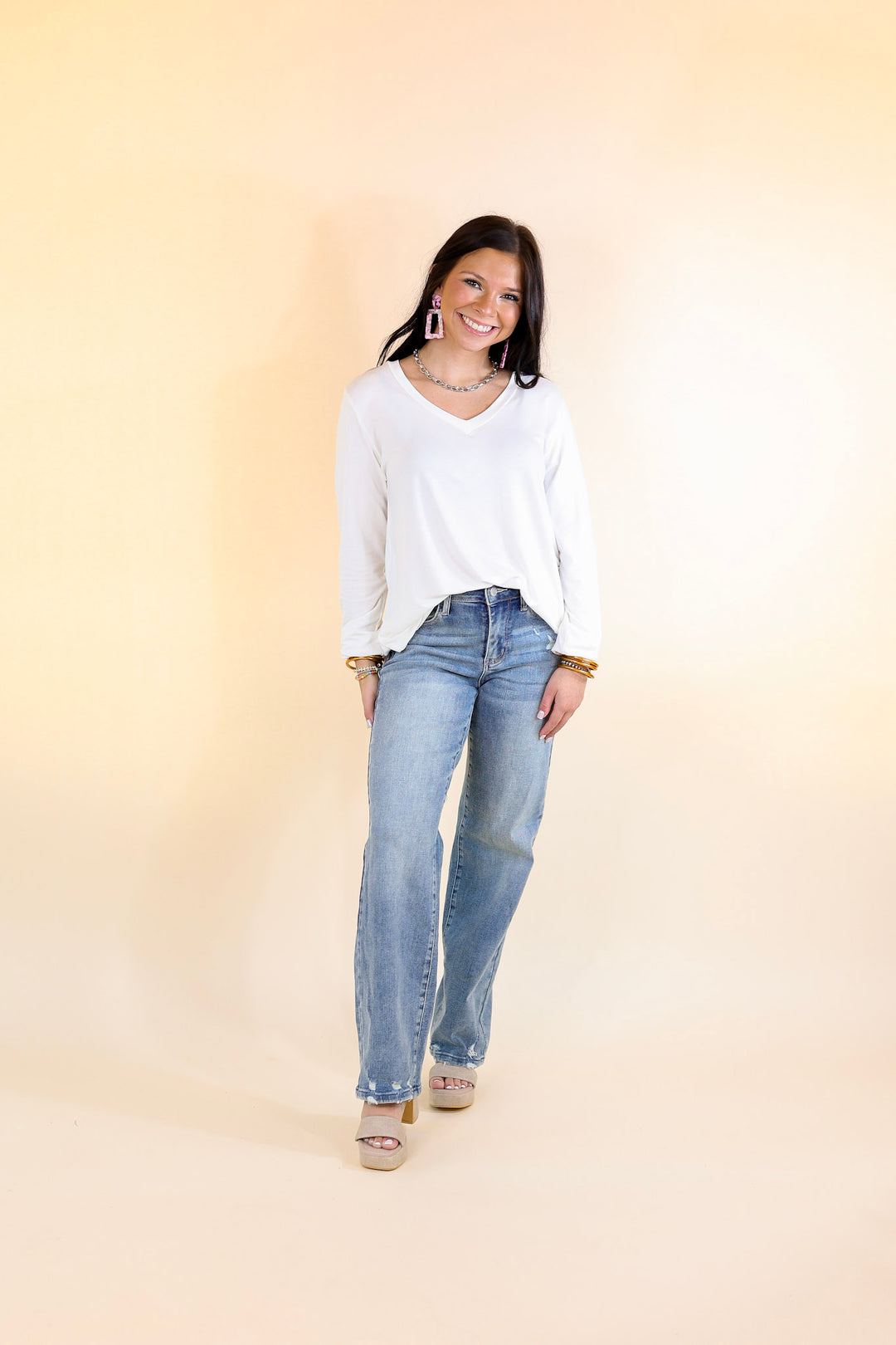 It's That Simple Solid V Neck Long Sleeve Tee in Ivory