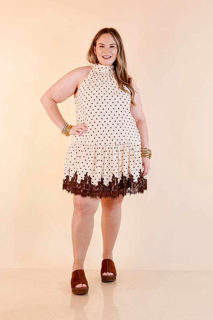 Something to Love Polka Dot Lace Trim Halter Dress in Ivory and Chocolate Brown