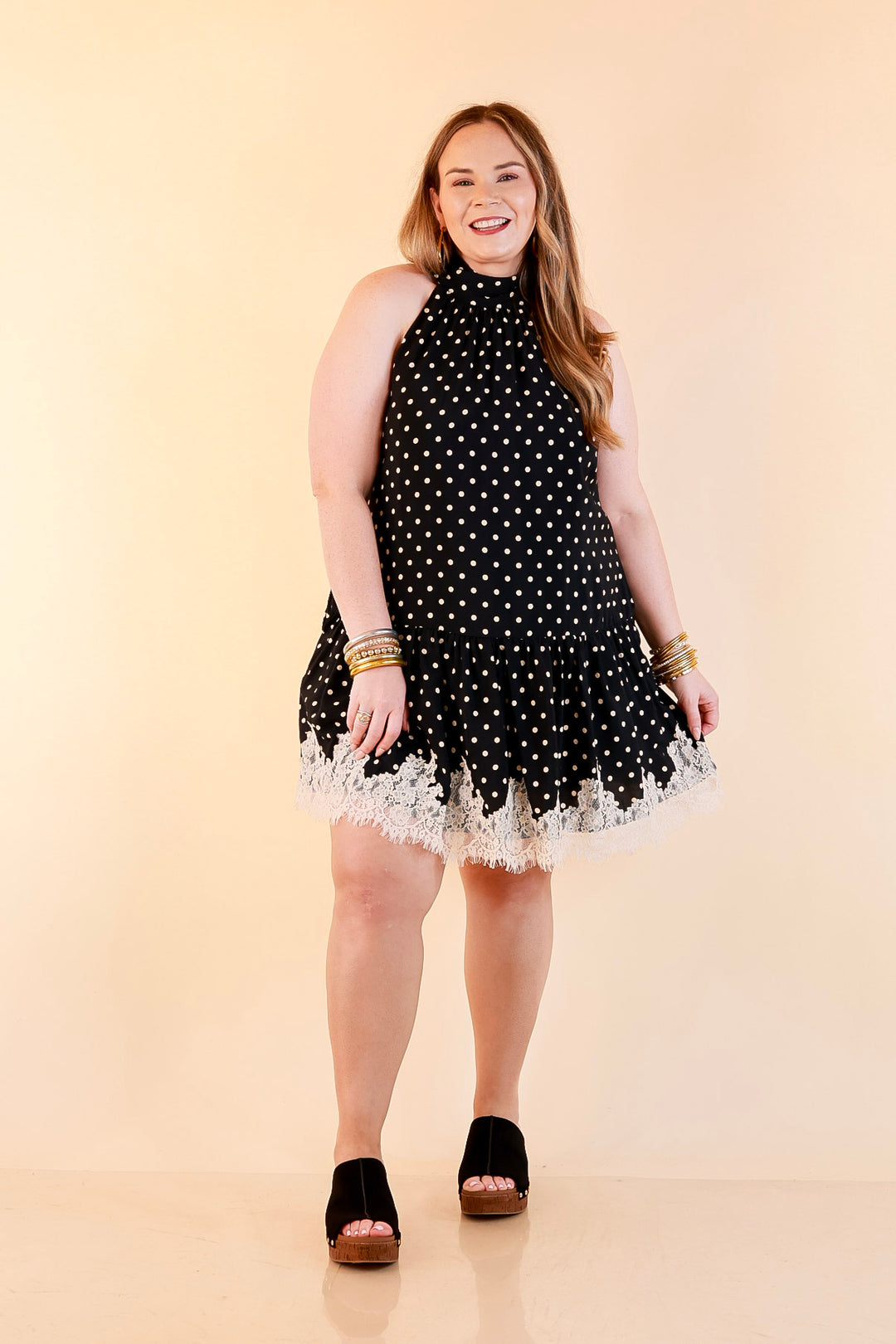 Something to Love Polka Dot Lace Trim Halter Dress in Black and Ivory