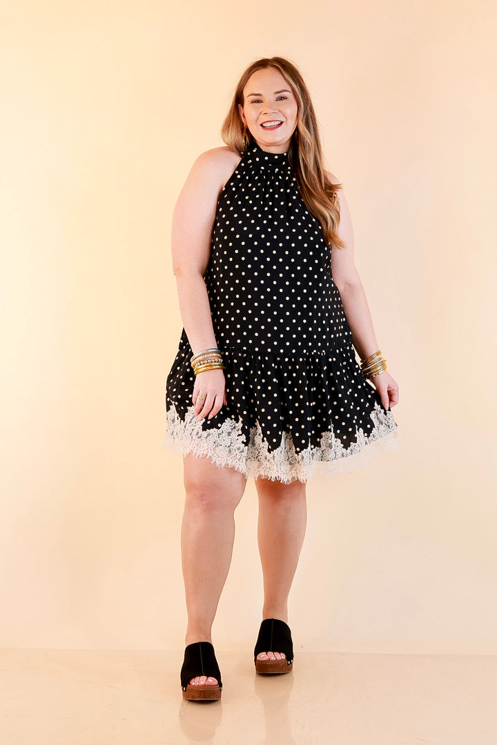 Something to Love Polka Dot Lace Trim Halter Dress in Black and Ivory