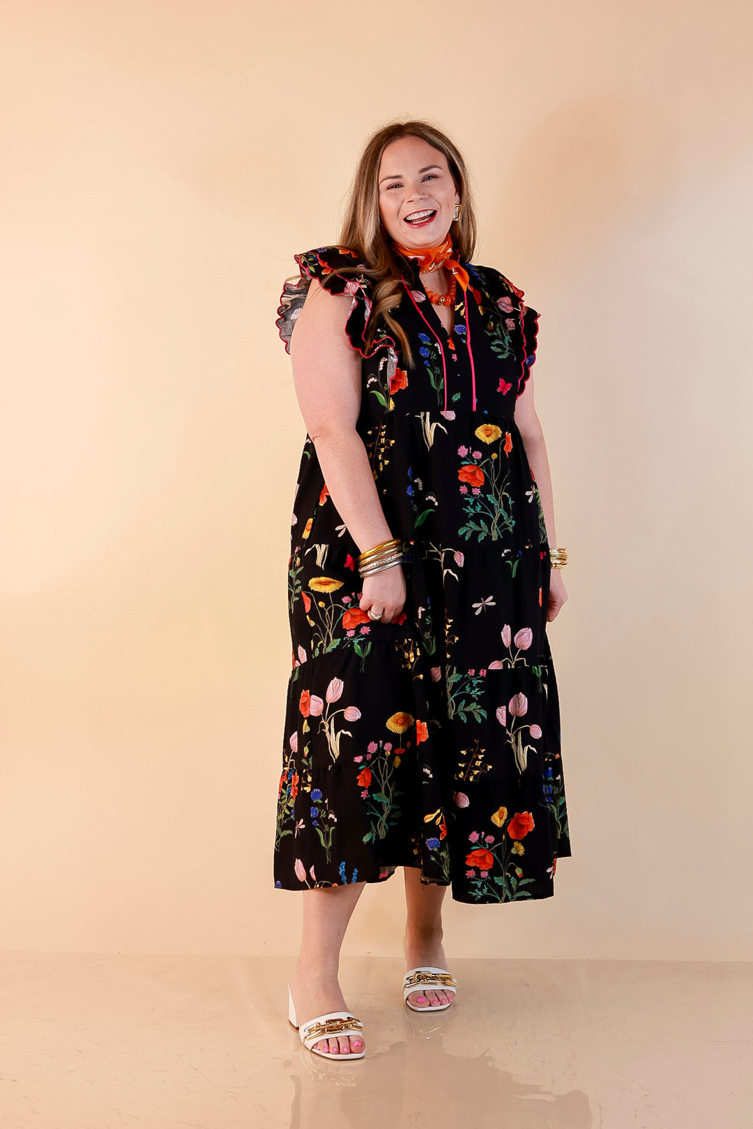 Flourishing Charm Floral Ruffle Cap Sleeve Tiered Midi Dress in Black