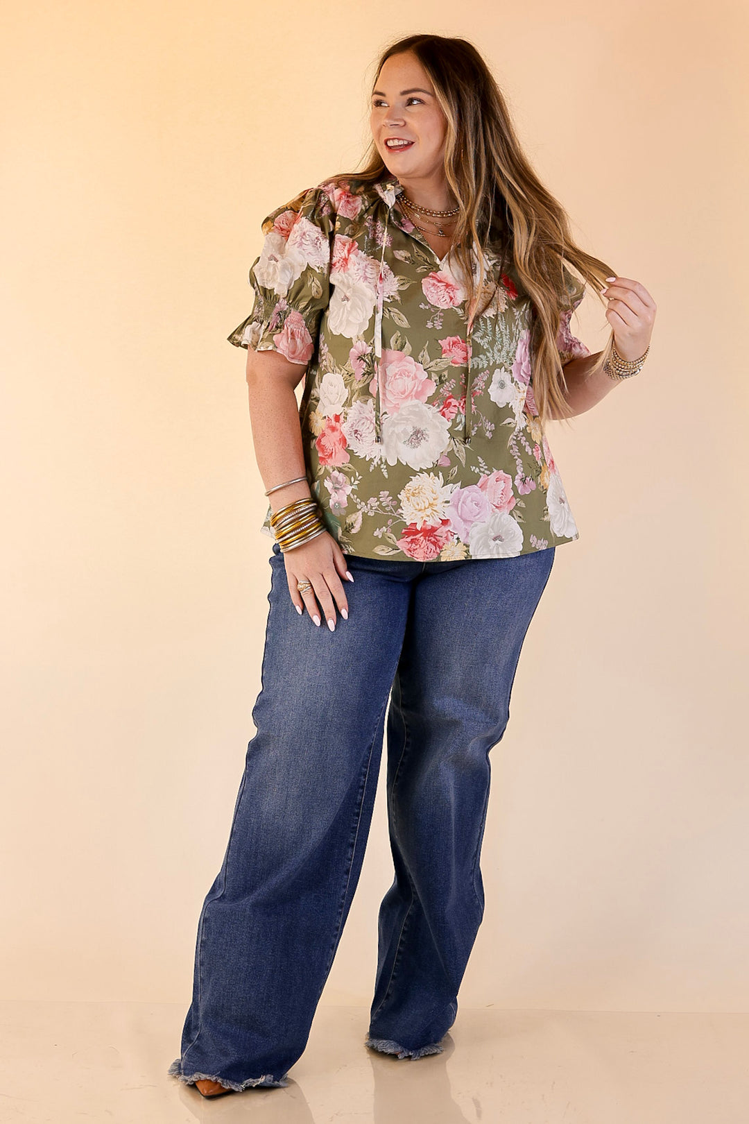 Freshly Picked Floral Print Top with Short Puff Sleeves in Olive Green