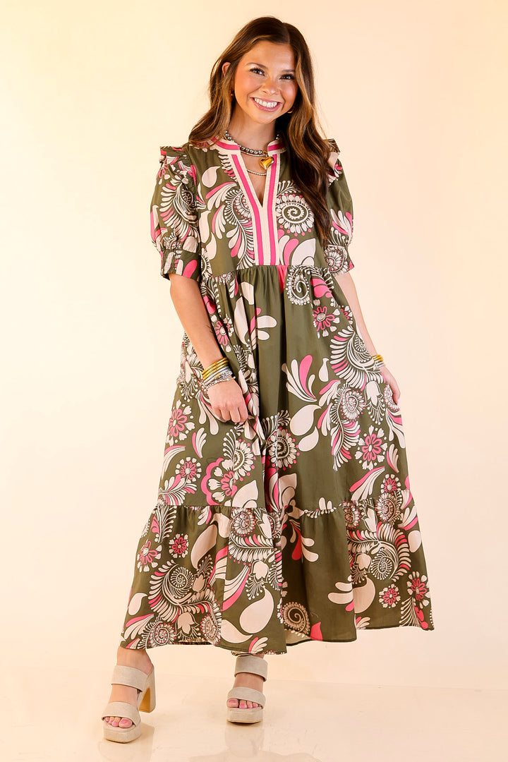 First Impressions V Neck Paisley Midi Dress in Olive Green and Pink Mix