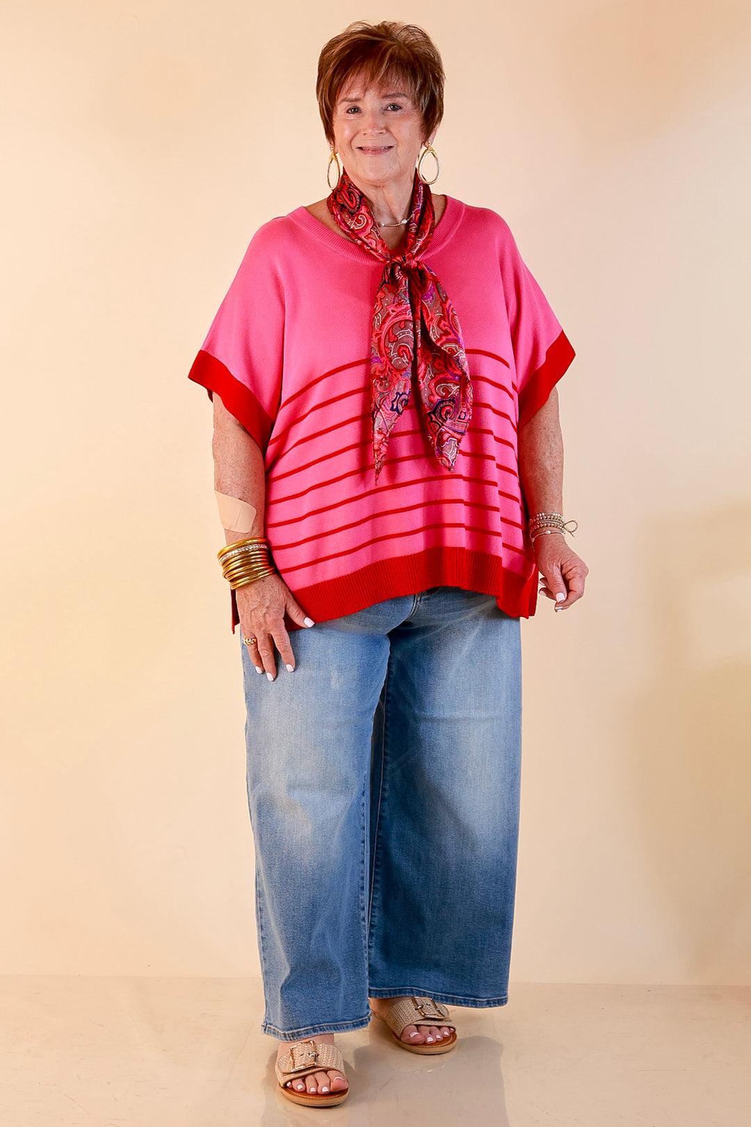 Casual to Chic Short Sleeve Striped Poncho Top in Pink and Red