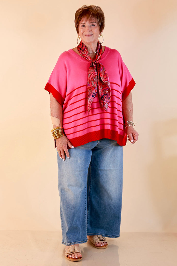 Casual to Chic Short Sleeve Striped Poncho Top in Pink and Red