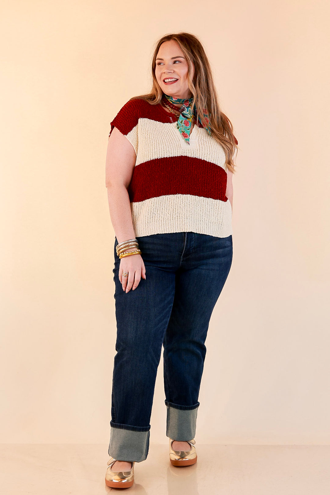 The Style Standard Striped Sleeveless Sweater Knit Top in Burgundy and Ivory