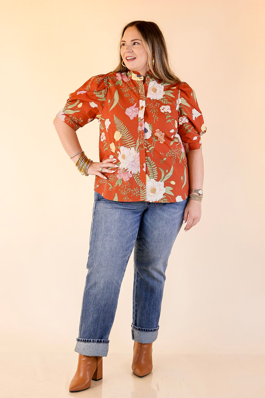 First Glance Button Up Puff Sleeve Floral Print Top in Rust Orange