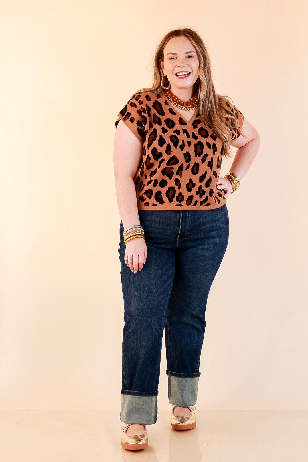Natural Instinct Leopard Print V-Neck Sweater Knit Top in Camel and Black