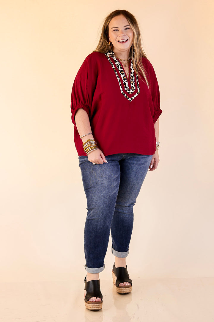 Naturally Stylish Leopard Print Trim Poncho Top in Maroon
