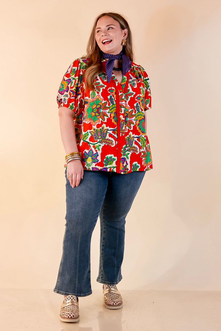 Petal Pop Floral Print Ruffle Front Button Up Top with Puff Sleeves in Red