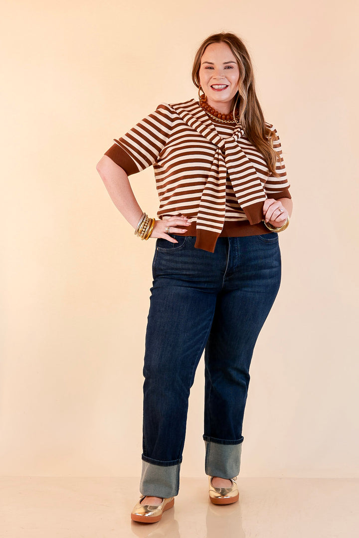 Leading Lady Faux Sweater Tie Detail Short Sleeve Striped Knit Top in Brown and Ivory
