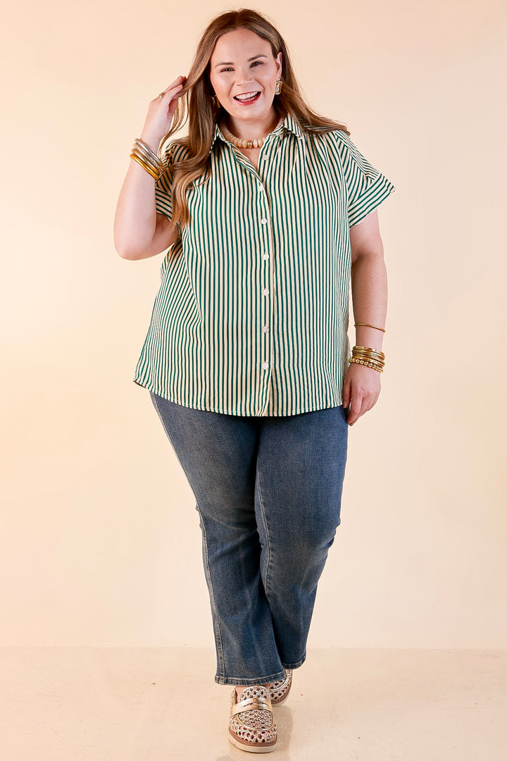 Closet Essential Striped Button Up Short Sleeve Collared Top in Green
