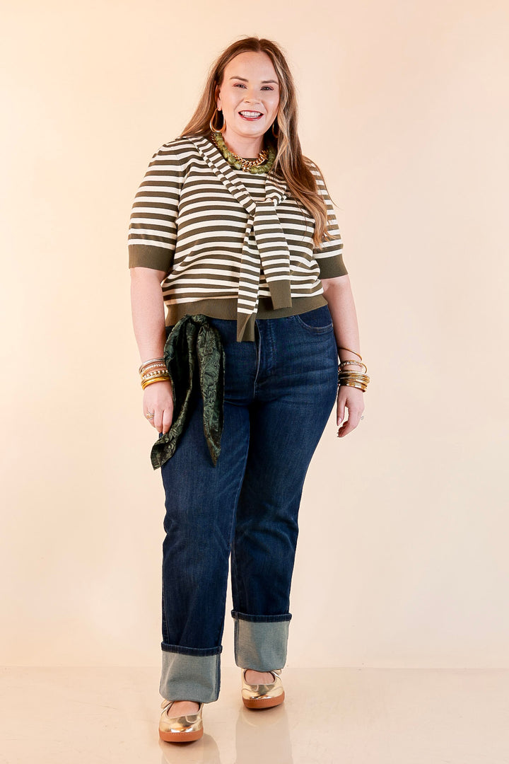 Leading Lady Faux Sweater Tie Detail Short Sleeve Striped Knit Top in Olive and Ivory