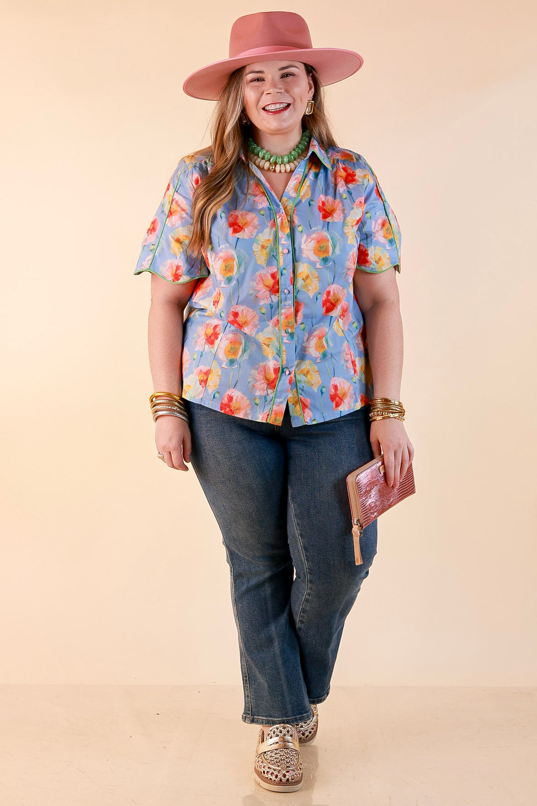 Petals and Plans Poppy Floral Print Button Up Collar Blouse in Dusty Blue