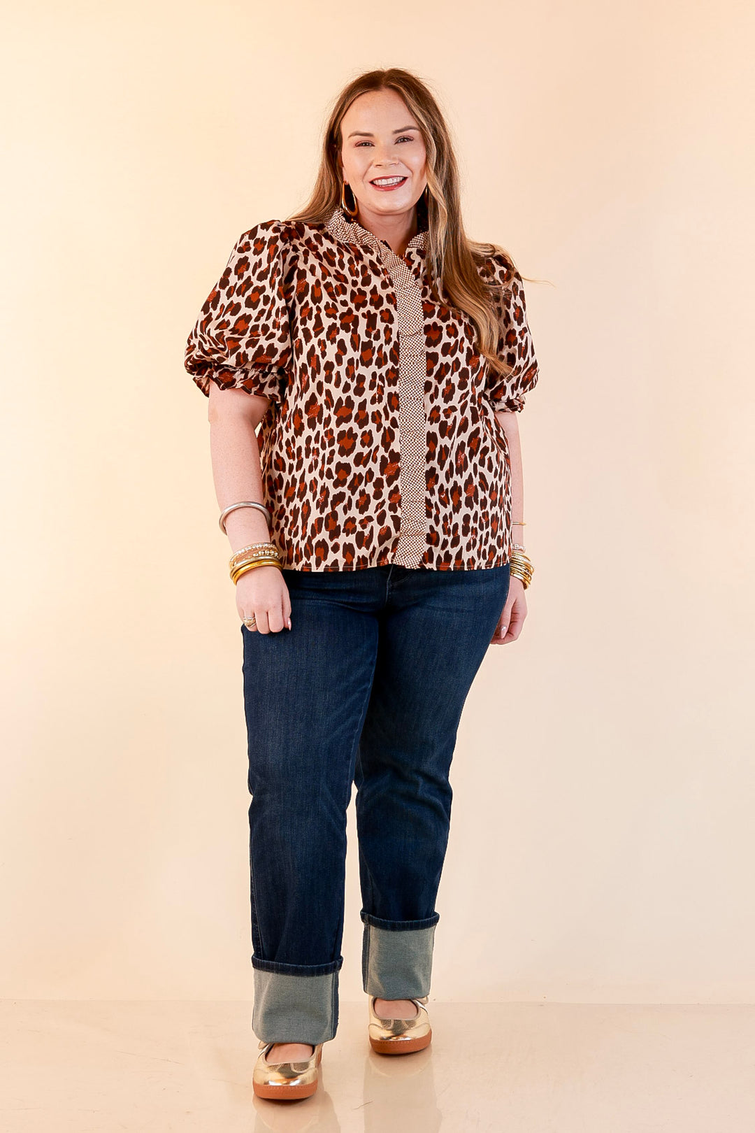 Catch the Compliments Puff Sleeve Ruffle Trim Leopard Print Statement Top in Ivory and Brown