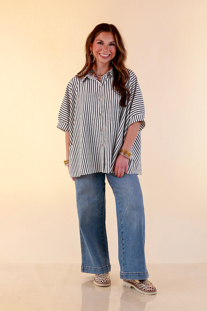 Effortlessly Aligned Button Down Collared Top with Vertical Ivory Stripe Detail in Black