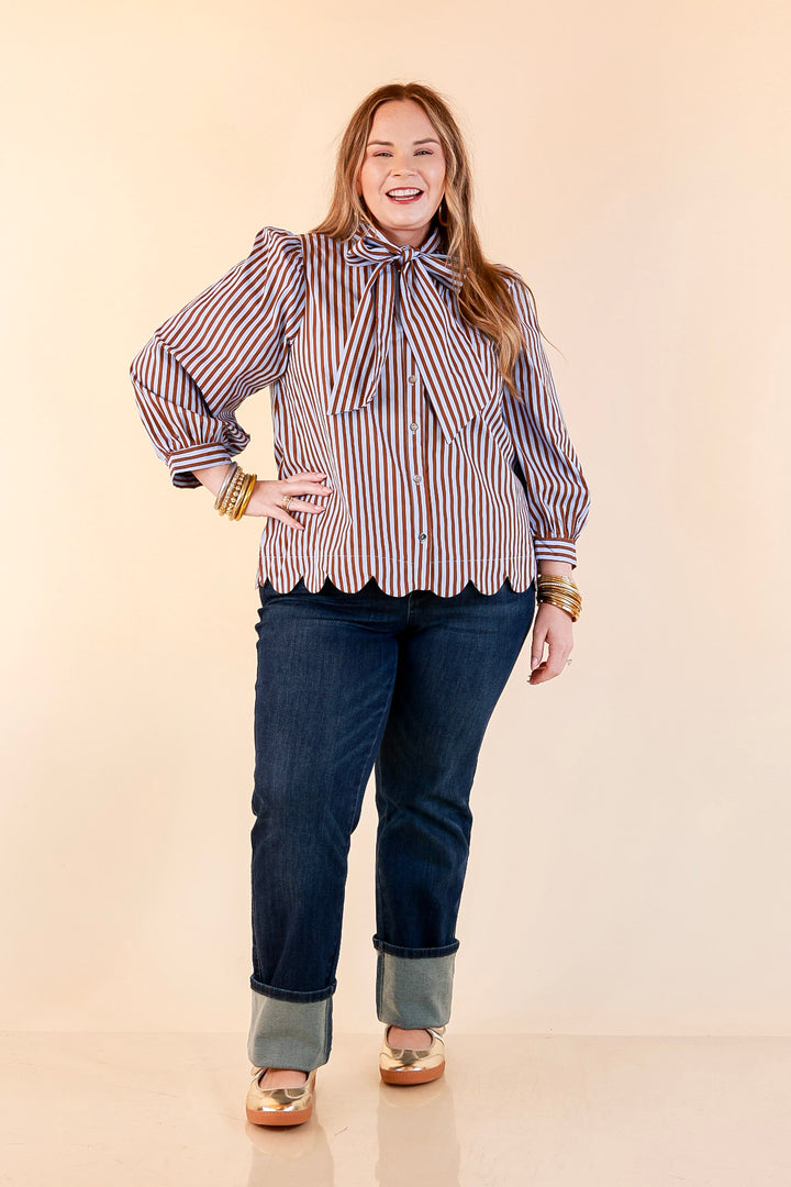 In Good Company Striped Bow Neck Scalloped Hem Blouse in Blue and Brown