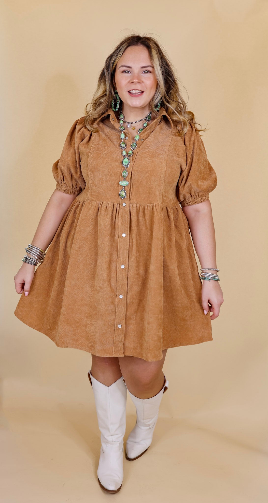 Adventures Ahead Button Up Corduroy Babydoll Dress in Camel Brown