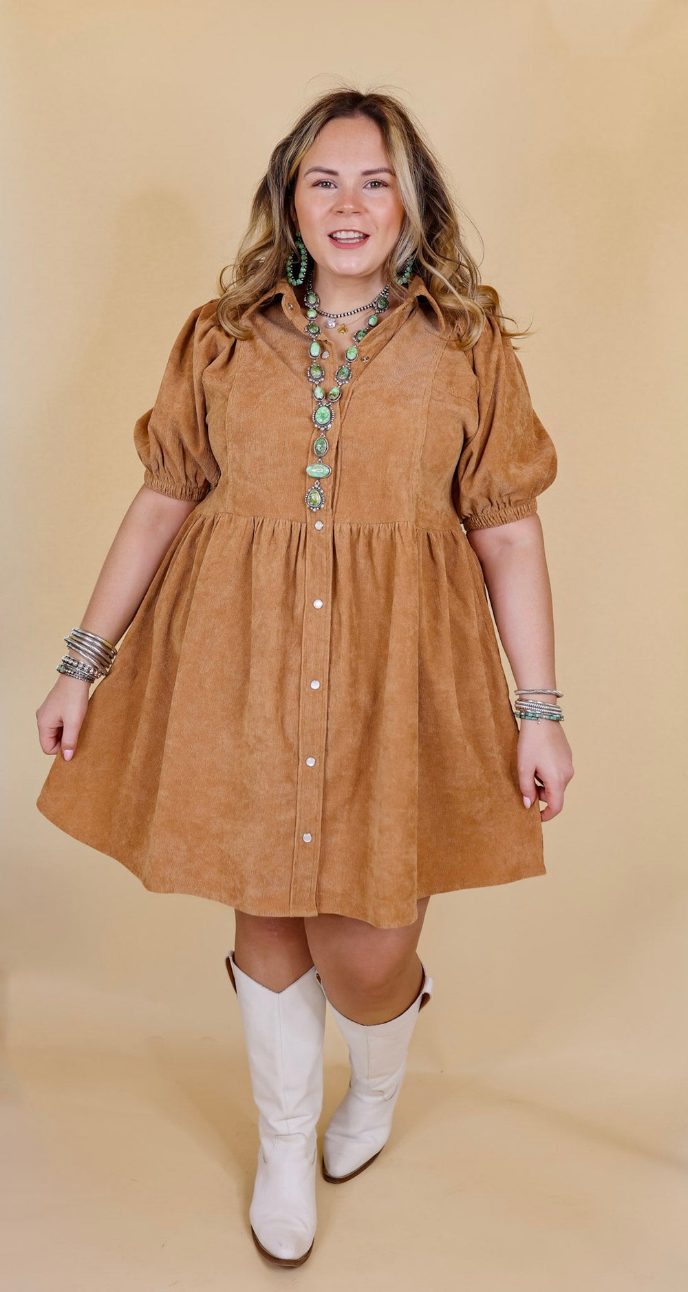 Adventures Ahead Button Up Corduroy Babydoll Dress in Camel Brown - Giddy Up Glamour Boutique