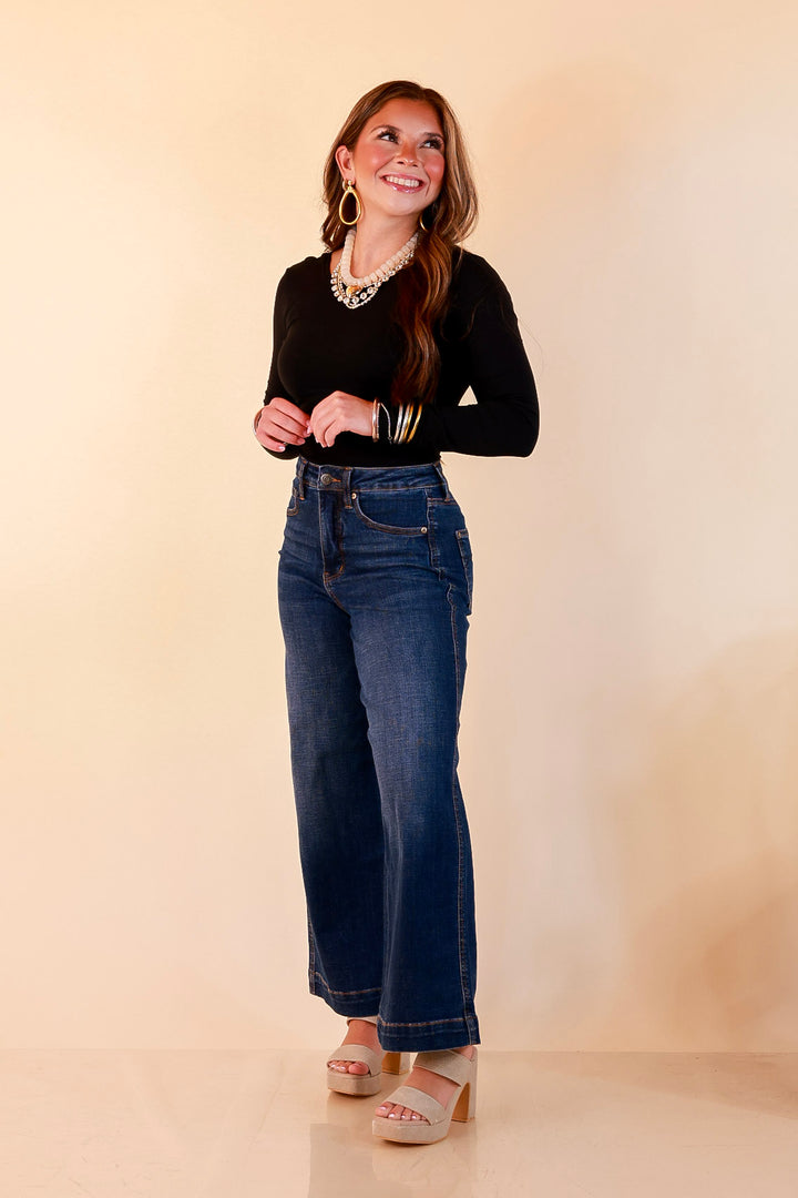 Judy Blue | Wide Open Style Ankle Length Cropped Wide Leg Tummy Control Trouser Denim Jeans in Dark Wash
