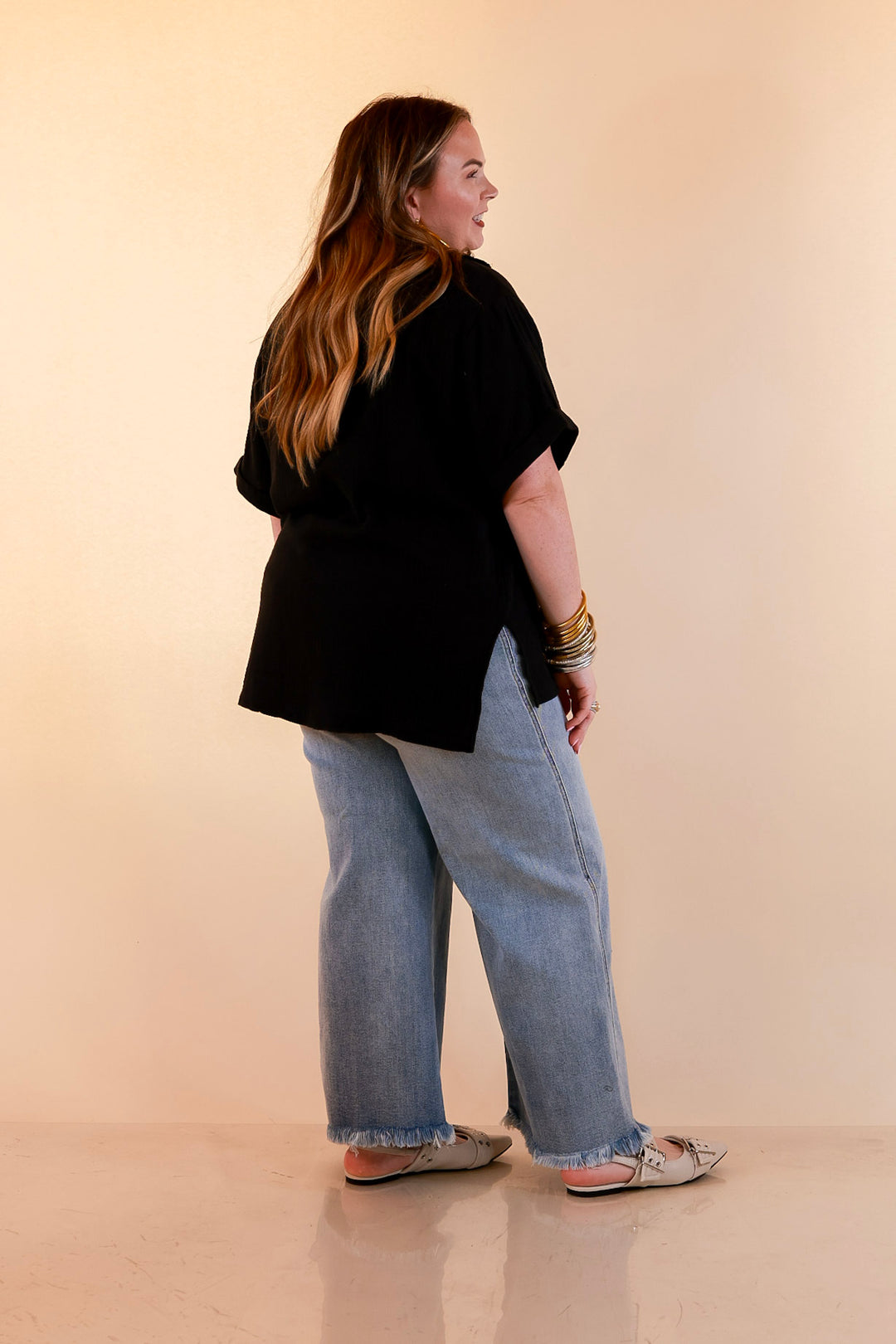 Quite Appropriate Short Sleeve Collared V Neck Linen Top with Rolled Sleeve Detail in Black
