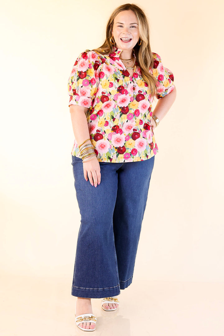 Brighter Blooms Ahead Floral Print Top with Ruffle Collar and Puff Sleeves in Multi