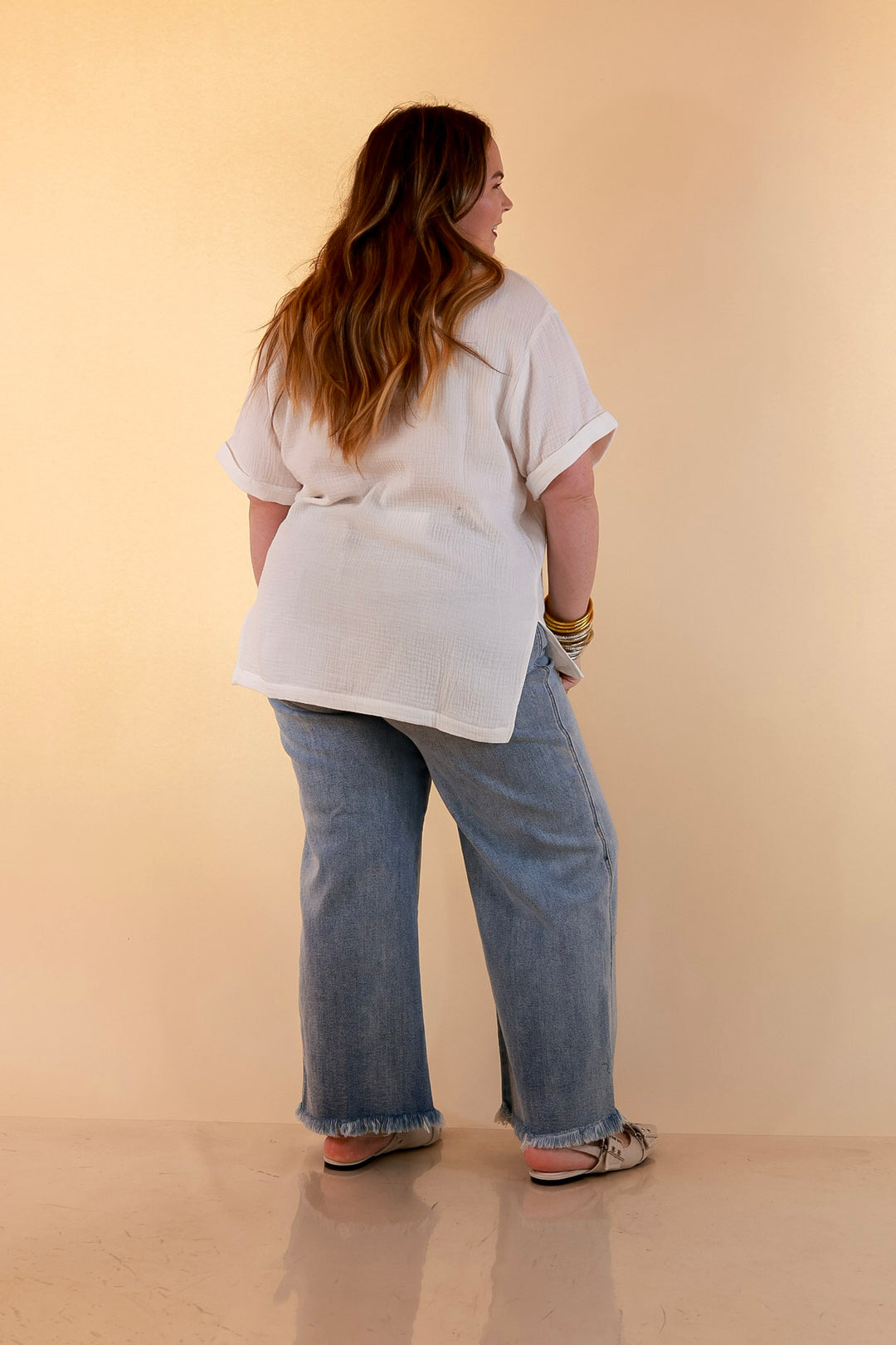 Quite Appropriate Short Sleeve Collared V Neck Linen Top with Rolled Sleeve Detail in White