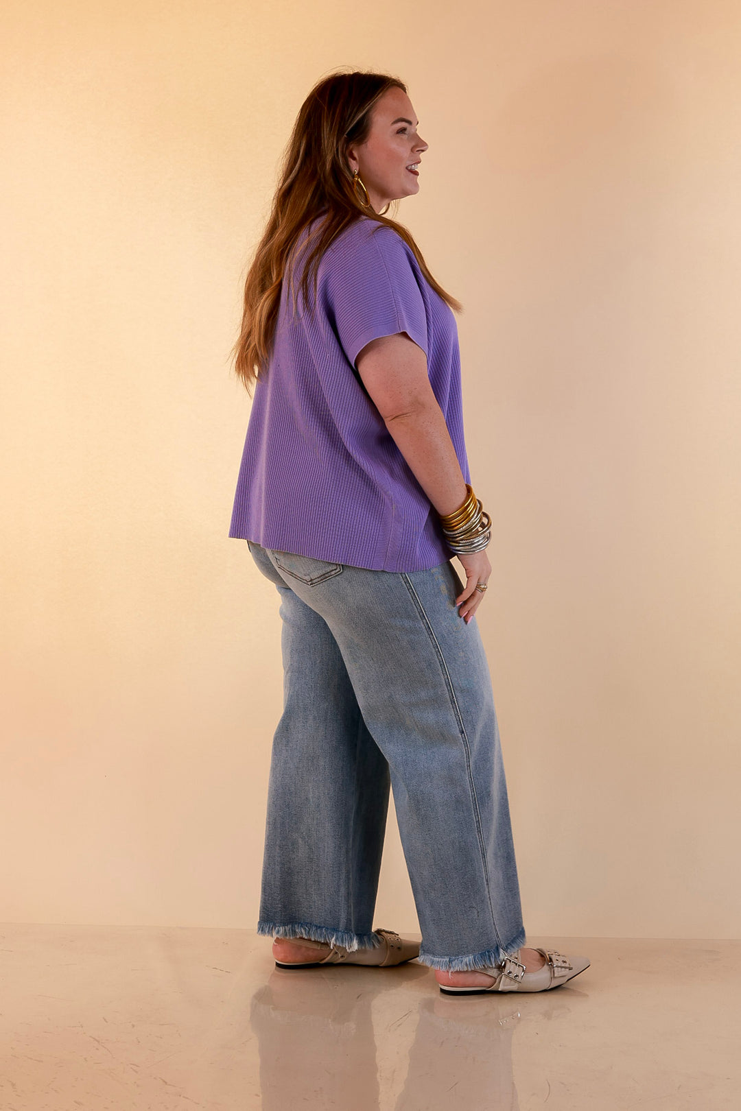 Always in Style Short Sleeve Mock Neck Top in Lavender Purple