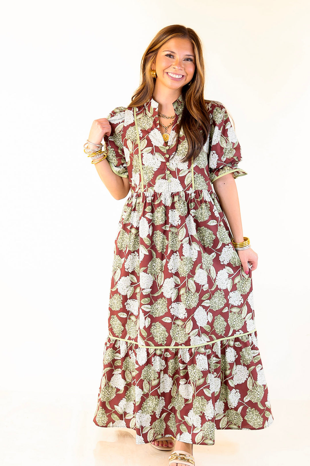 Petals & Poetry Hydrangea Floral Puff Sleeve Tiered Maxi Dress in Maroon