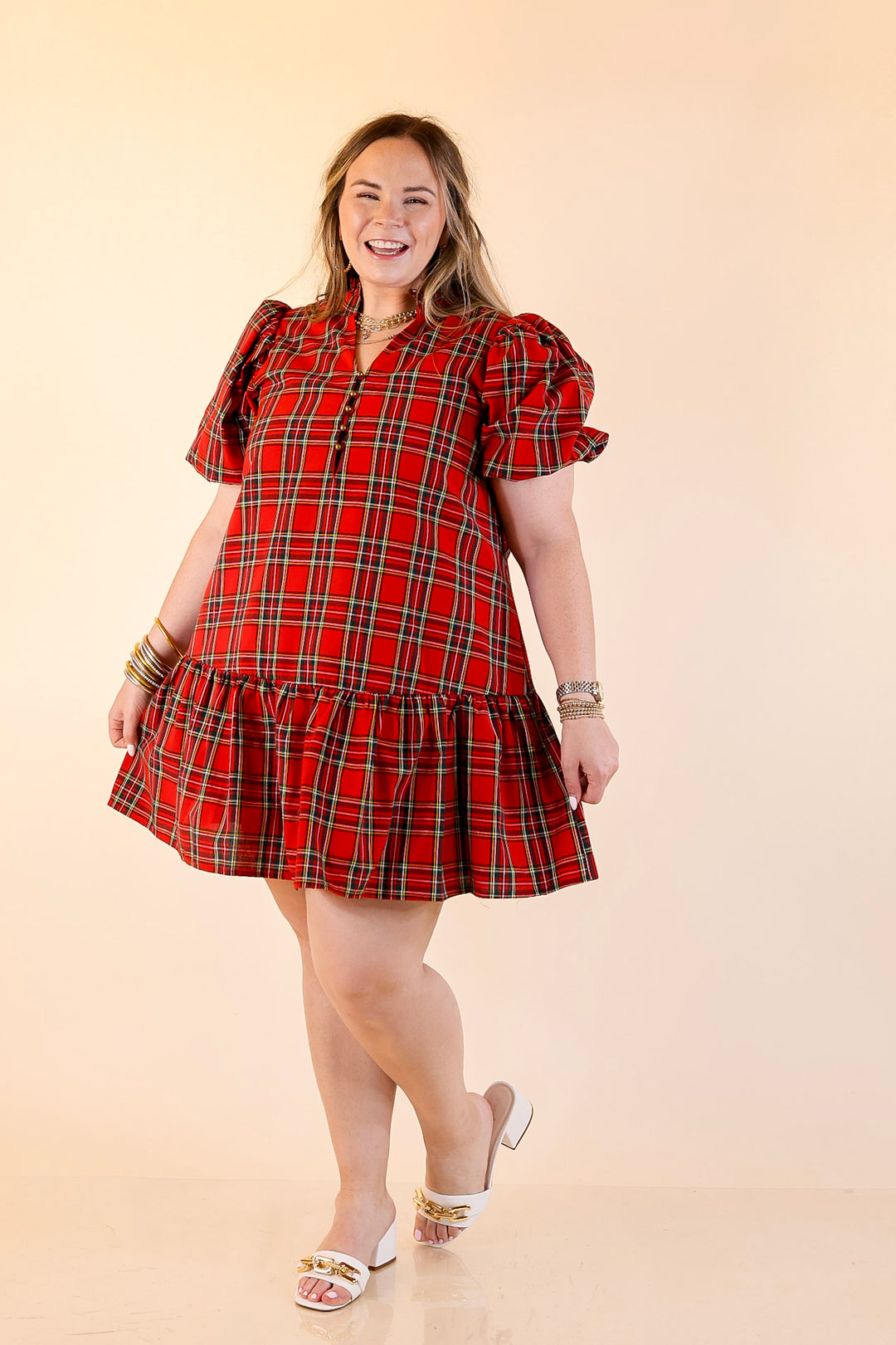 Polished in Plaid Peplum Skirt Dress with Pockets and Puff Sleeve in Red