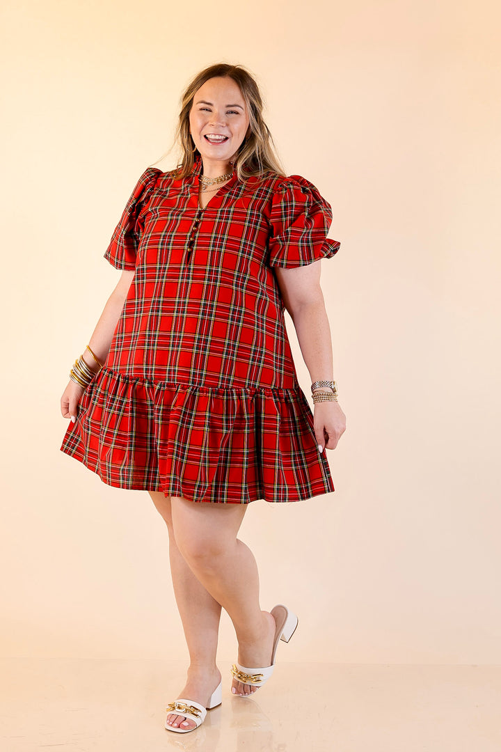 Polished in Plaid Peplum Skirt Dress with Pockets and Puff Sleeve in Red